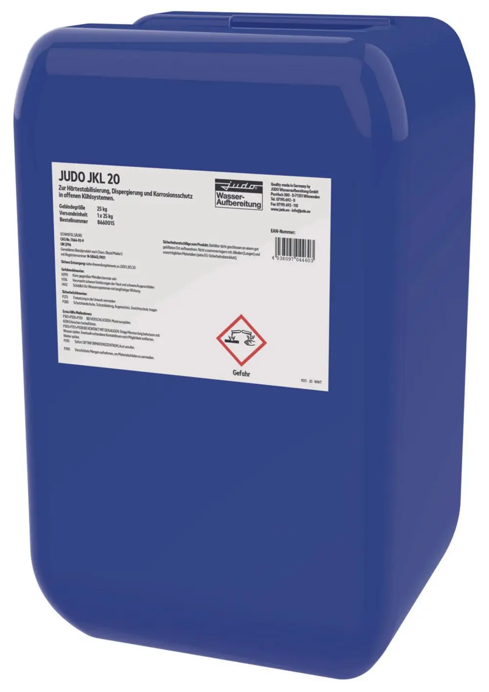 Blauer Kunststoffbehälter mit Sicherheitsinformationen und Gefahrenhinweisen. Produkt von Judo, zur Wasseraufbereitung in offenen Kühlsystemen.